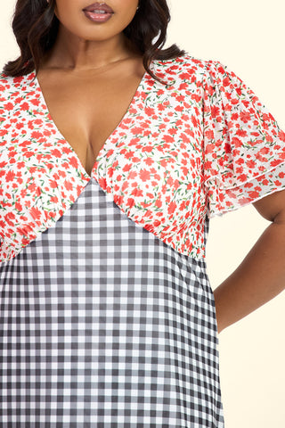 Curve Gingham And Floral Mixed Print Flutter Sleeve Midi Dress