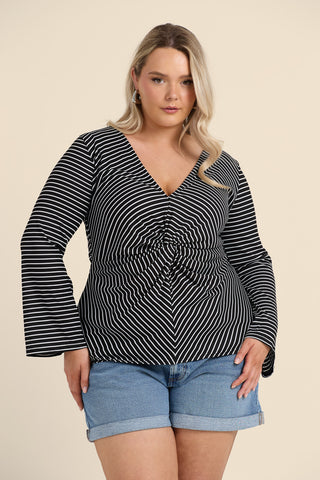 Curve Monochrome Knitted Stripe Twist Front Flare Sleeve Top