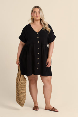 Curve Button Front Cheese Cloth Mini Smock Dress