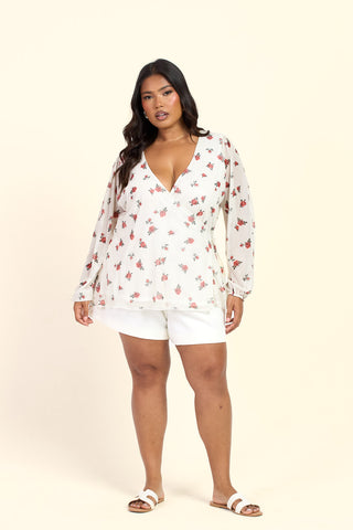 Curve Ditsy Print Wrap Balloon Sleeve Mesh Blouse