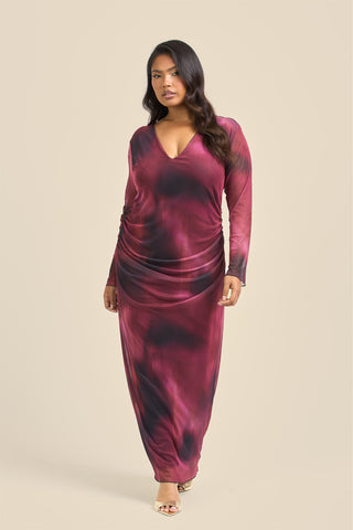 Curve plunge neck burgundy ruched mesh midaxi dress