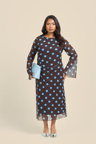 Curve Polka Dot Long Sleeve Ruched Mesh Midi Dress