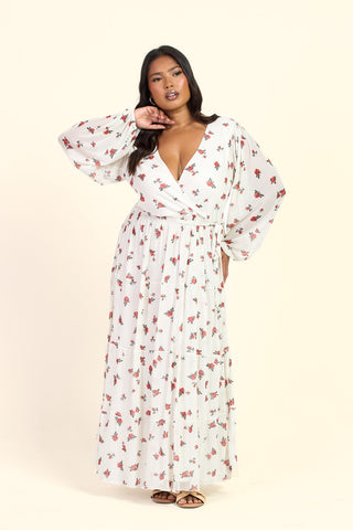 Curve Ditsy Print Tiered Wrap Belted Maxi Dress