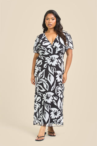 Curve Floral Mono Print Flutter Sleeve Midi Dress