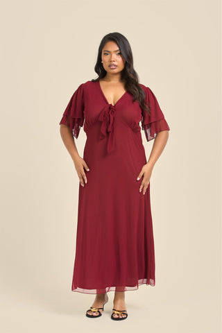 Curve Flutter Sleeve Burgundy Mesh Tie Front Midi Dress