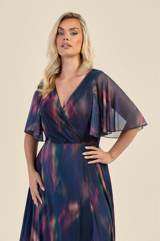 Curve Dark Water Colour Wrap Front Angel Sleeve Maxi Dress