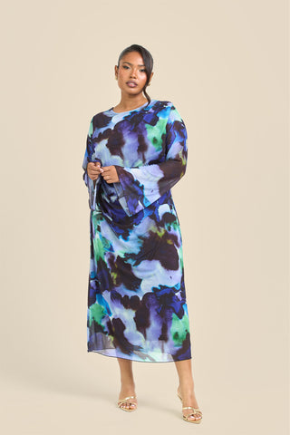Curve Flare Sleeve Round Neck Printed Mesh Dress