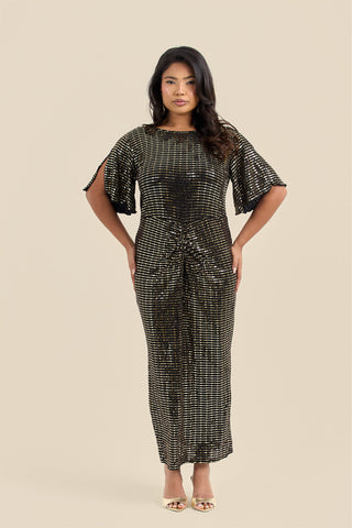 Plus Size Gold Sequin Ruched Flutter Sleeve Midi Dress