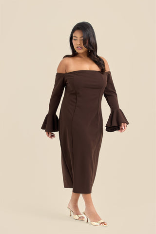 Curve Bardot Ruffle Sleeve Scuba Midi Dress