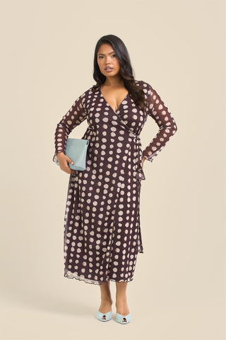 Curve Chocolate Polka Dot Wrap Over Tie Side Midaxi Dress