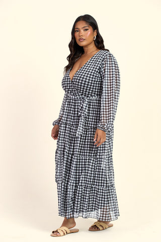 Curve Gingham Print Wrap Tie Belt Tiered Maxi Dress