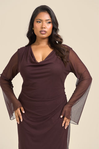 Curve Cowl Neck Long Sleeve Mesh Maxi Dress