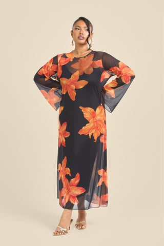 Curve Swing Style Bold Floral Mesh Midaxi Dress