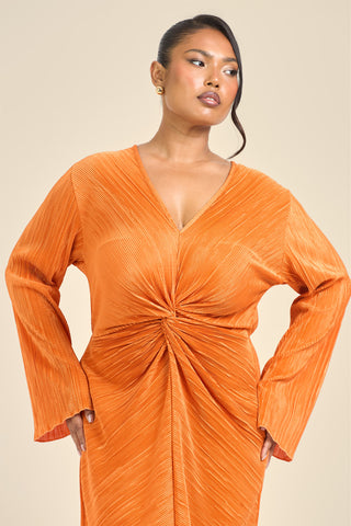 Curve Twist Front Plisse Flare Sleeve Midaxi Dress