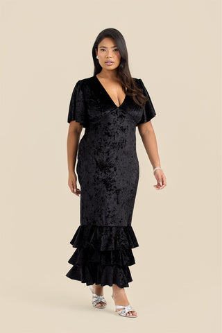 Curve Statement Flutter sleeve velvet ruffle hem maxi dress