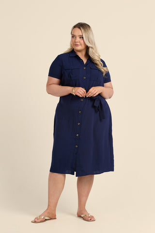Curve Button Front Belted Shirt Dress