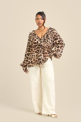 Curve Ruffle Leopard Chiffon Blouse