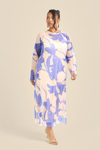 Curve Swing Style Floral Abstract Mesh Midaxi Dress