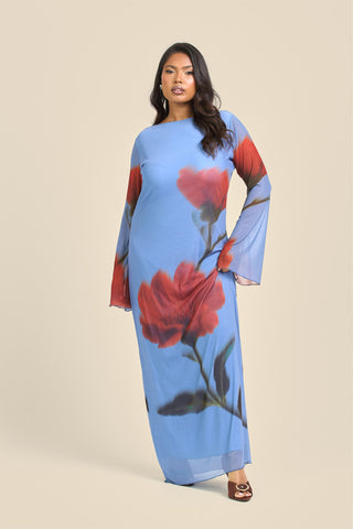 Curve Statement Floral Long Sleeve Mesh Maxi Dress