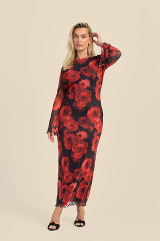 Curve Large floral flare sleeve mesh maxi dress