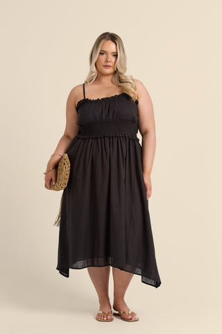 Curve Shirred Waist Linen Look Midi Dress