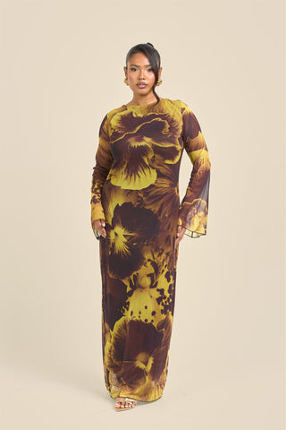 Curve Flare Sleeve Bold Floral Mesh Maxi Dress