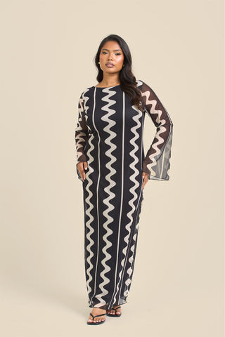Curve mono print mesh flare sleeve maxi dress