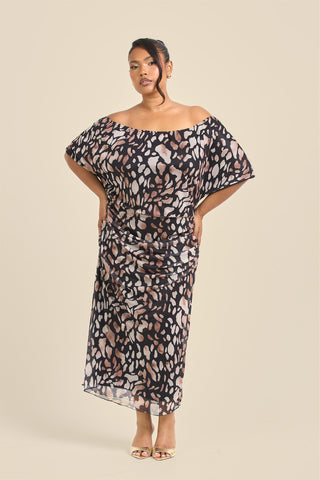 Curve Drop Shoulder Animal Print Mesh Midi Dress