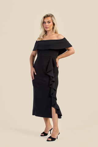 Curve Bardot Fold Over Scuba Crepe Ruffle Midaxi Dress