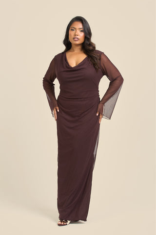 Curve Cowl Neck Long Sleeve Mesh Maxi Dress