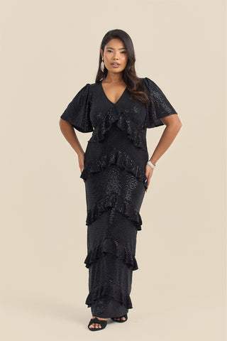 Curve All over Stretch Sequin Ruffle Maxi Dress