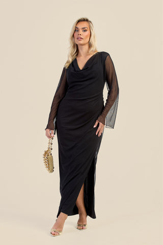 Curve Cowl Neck Long Sleeve Mesh Maxi Dress