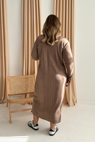 Curve knitted rib roll neck midaxi jumper dress in camel