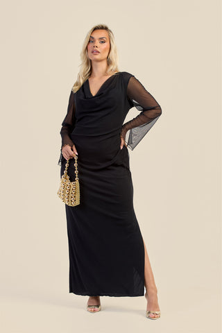 Curve Cowl Neck Long Sleeve Mesh Maxi Dress