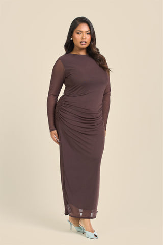 Curve long sleeve chocolate mesh midaxi dress