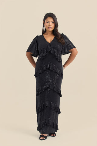 Curve All over Stretch Sequin Ruffle Maxi Dress