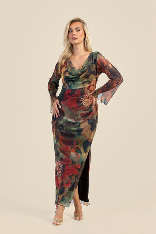 Curve abstract floral cowl neck long sleeve mesh maxi dress