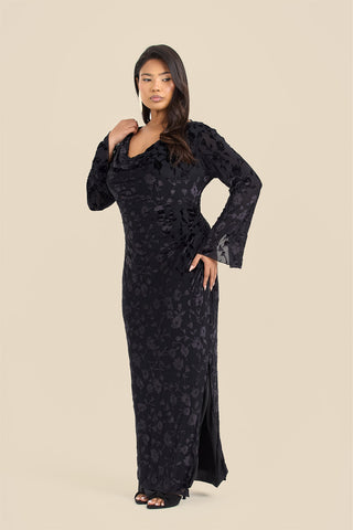 Plus Size Black Velvet Devore Cowl Neck Maxi Dress