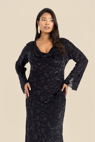 Plus Size Black Velvet Devore Cowl Neck Maxi Dress