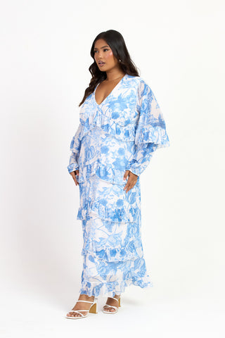 Curve Blue Floral Print Ruffle Balloon Sleeve Maxi Dress