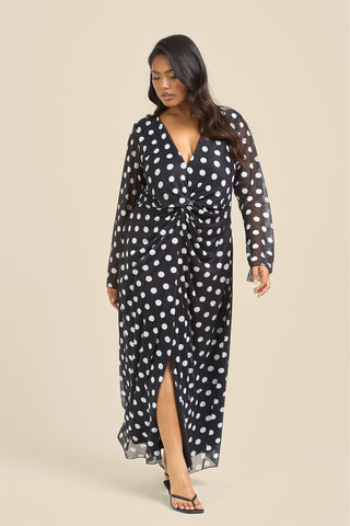 Curve Twist Front Polka Dot Mesh Midi Dress