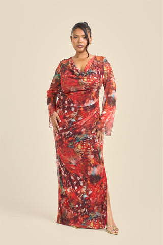 Curve Cowl Neck Abstract Butterfly Flare Sleeve Maxi Dress