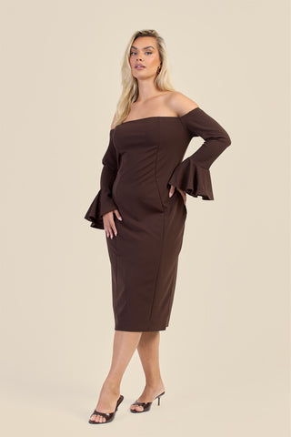 Curve Bardot Ruffle Sleeve Scuba Midi Dress