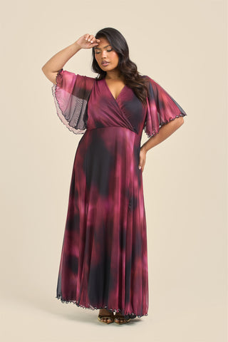 Curve Angel Sleeve wrap front maxi dress in berry abstract print