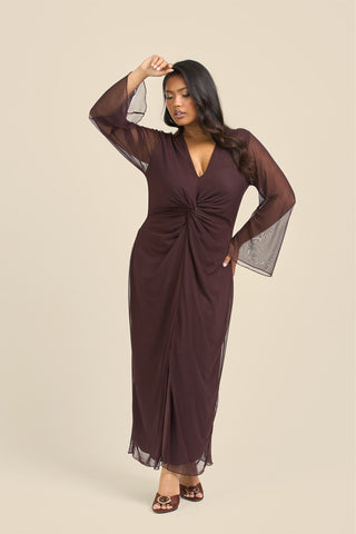 Curve Twist Front Plain Mesh Midaxi Dress
