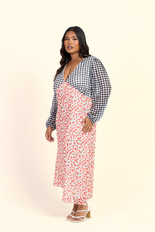 Curve Floral And Gingham Balloon Sleeve Midi Dress