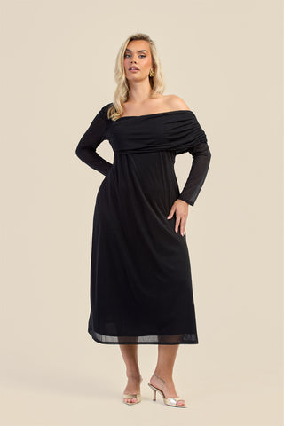 Curve Gathered Neck Long Sleeve Midi Dress