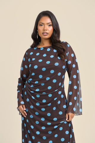 Curve Polka Dot Long Sleeve Ruched Mesh Midi Dress