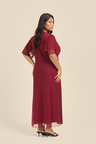 Curve Flutter Sleeve Burgundy Mesh Tie Front Midi Dress