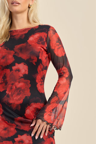 Curve Large floral flare sleeve mesh maxi dress